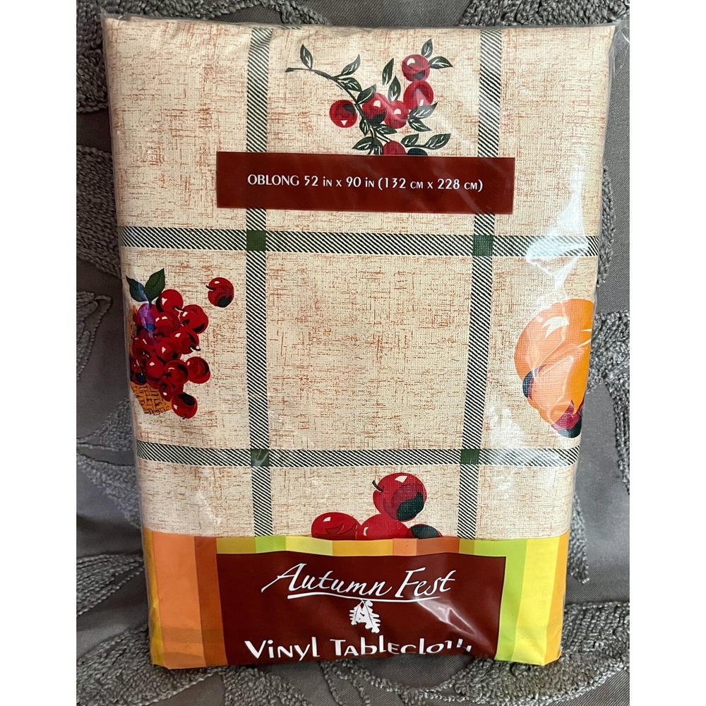 Autumn Fest Vinyl Tablecloth Oblong 52x90 Harvest Pumpkin Fruit Plaid Kmart NEW